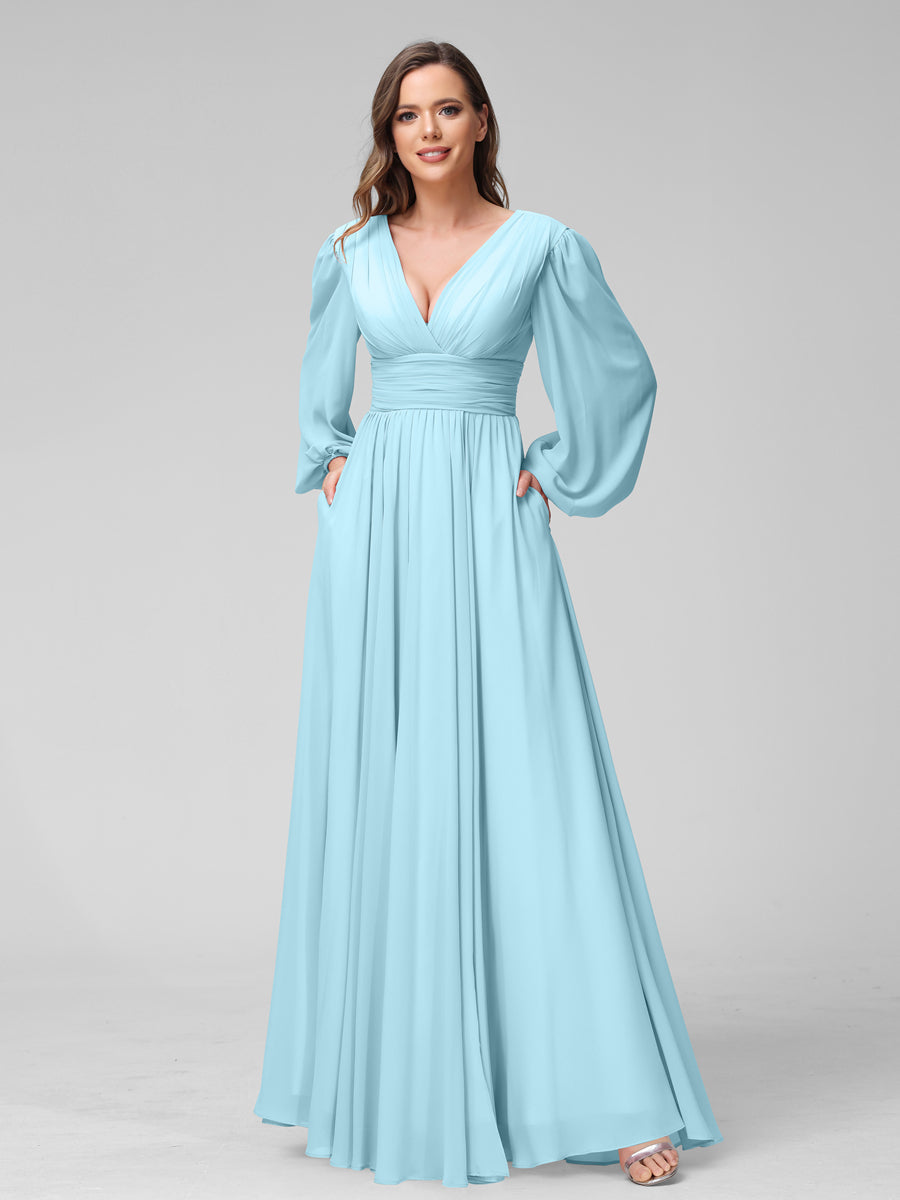 A-Line V-Neck Long Sleeves Long Chiffon Bridesmaid Dresses With Split Side Pockets Light Sky Blue