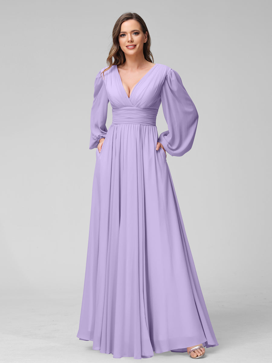 A-Line V-Neck Long Sleeves Long Chiffon Bridesmaid Dresses With Split Side Pockets Lilac