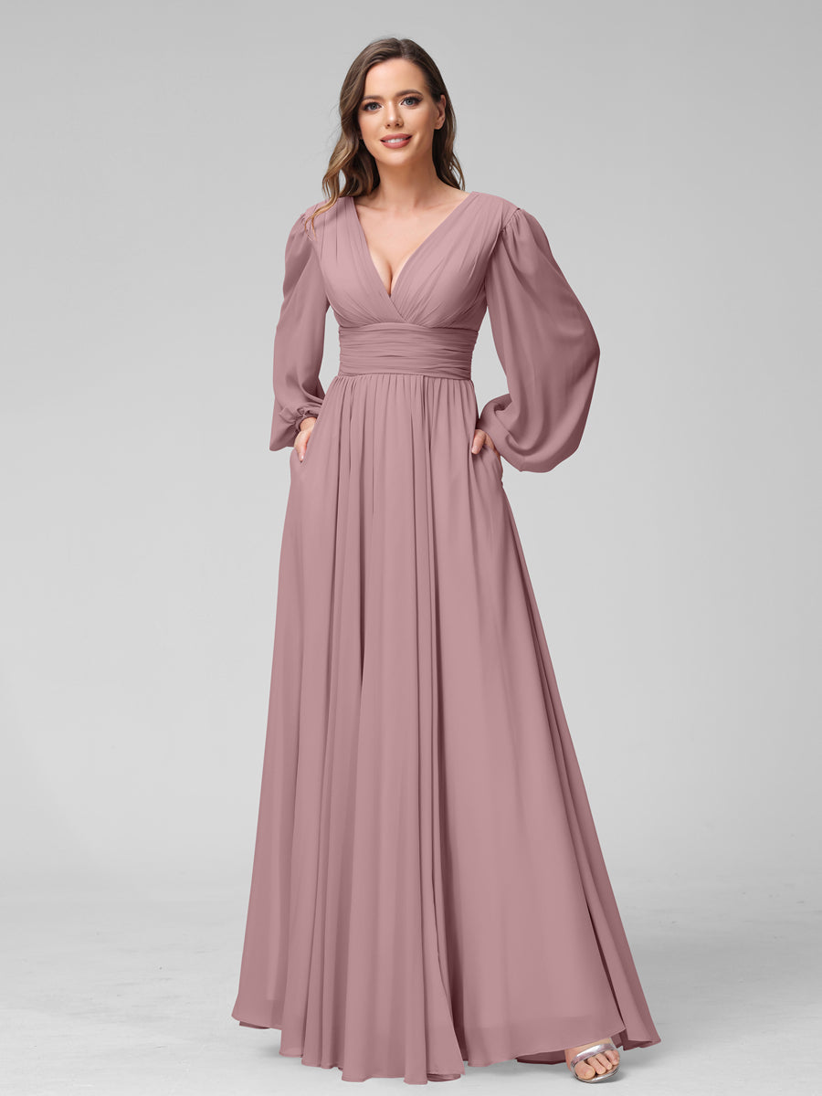 A-Line V-Neck Long Sleeves Long Chiffon Bridesmaid Dresses With Split Side Pockets Mauve