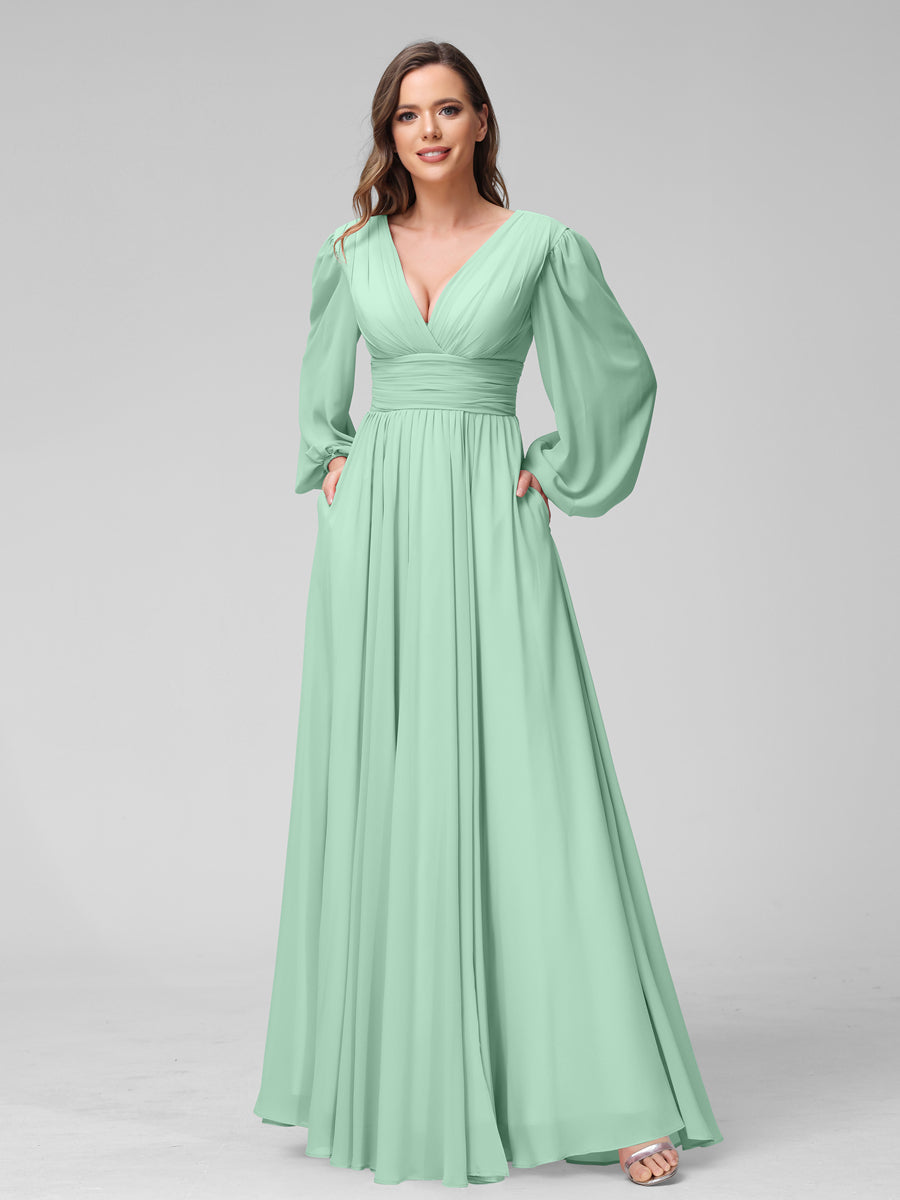 A-Line V-Neck Long Sleeves Long Chiffon Bridesmaid Dresses With Split Side Pockets Mint Green