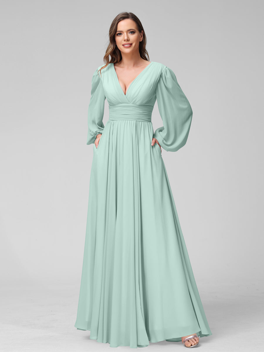 A-Line V-Neck Long Sleeves Long Chiffon Bridesmaid Dresses With Split Side Pockets Mist Blue