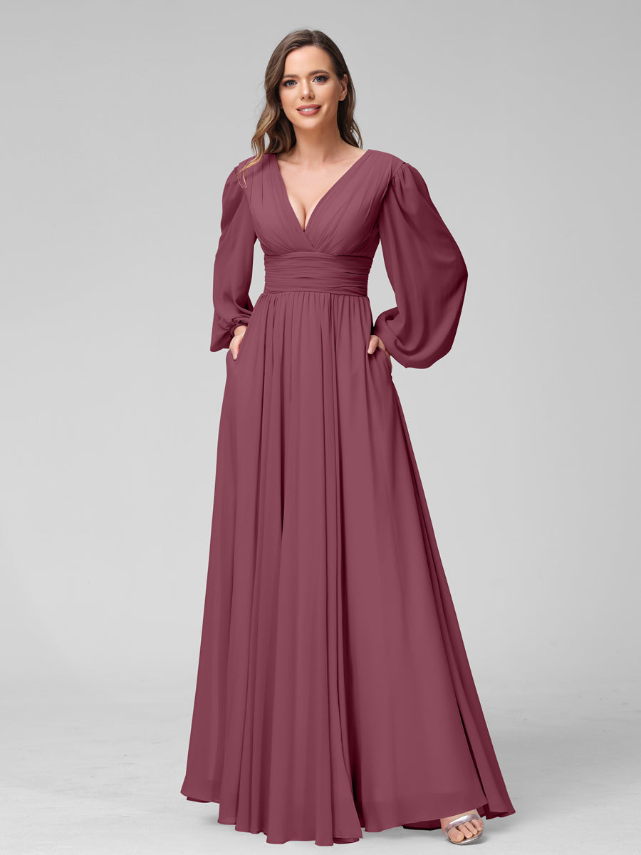 A-Line V-Neck Long Sleeves Long Chiffon Bridesmaid Dresses With Split Side Pockets Mulberry