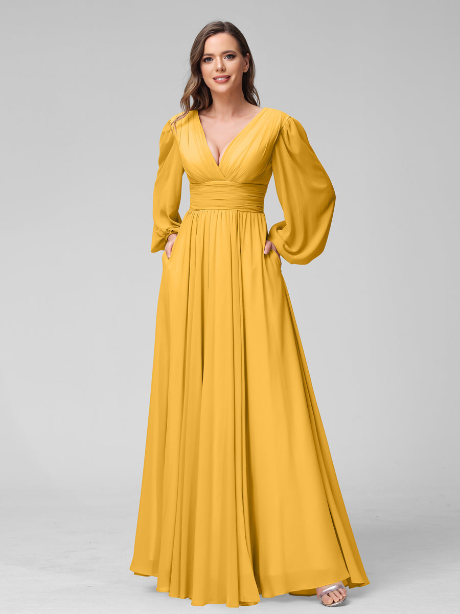 A-Line V-Neck Long Sleeves Long Chiffon Bridesmaid Dresses With Split Side Pockets Mustard Yellow