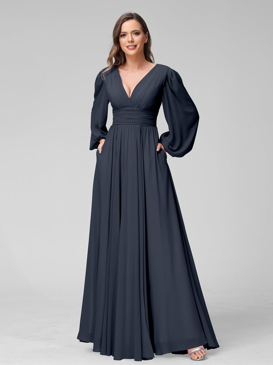 A-Line V-Neck Long Sleeves Long Chiffon Bridesmaid Dresses With Split Side Pockets Navy Blue