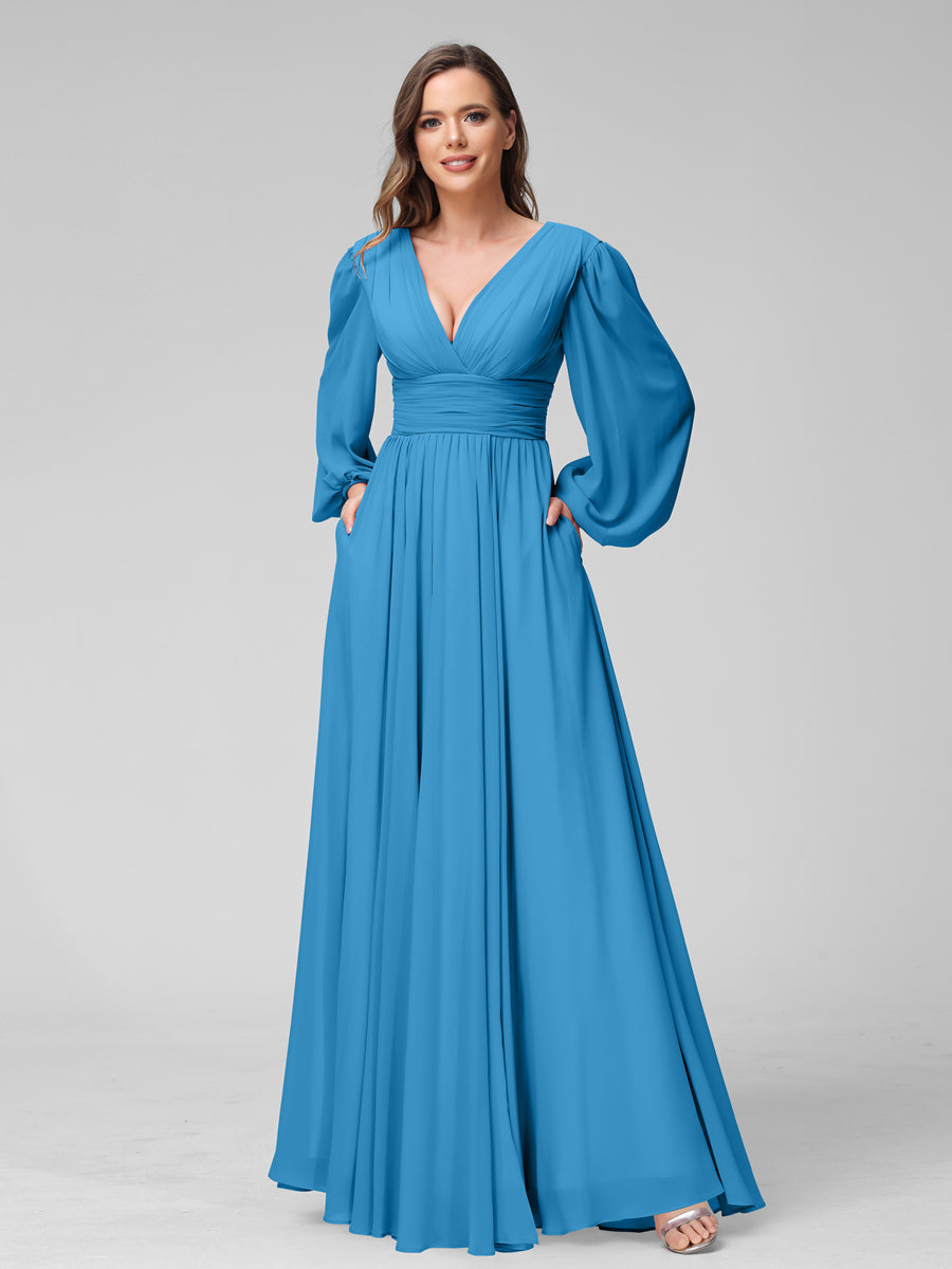 A-Line V-Neck Long Sleeves Long Chiffon Bridesmaid Dresses With Split Side Pockets Ocean Blue
