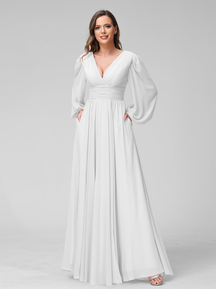 A-Line V-Neck Long Sleeves Long Chiffon Bridesmaid Dresses With Split Side Pockets Off White