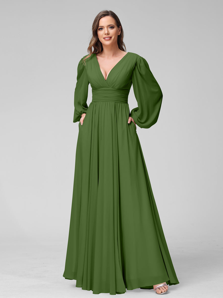 A-Line V-Neck Long Sleeves Long Chiffon Bridesmaid Dresses With Split Side Pockets Olive Green