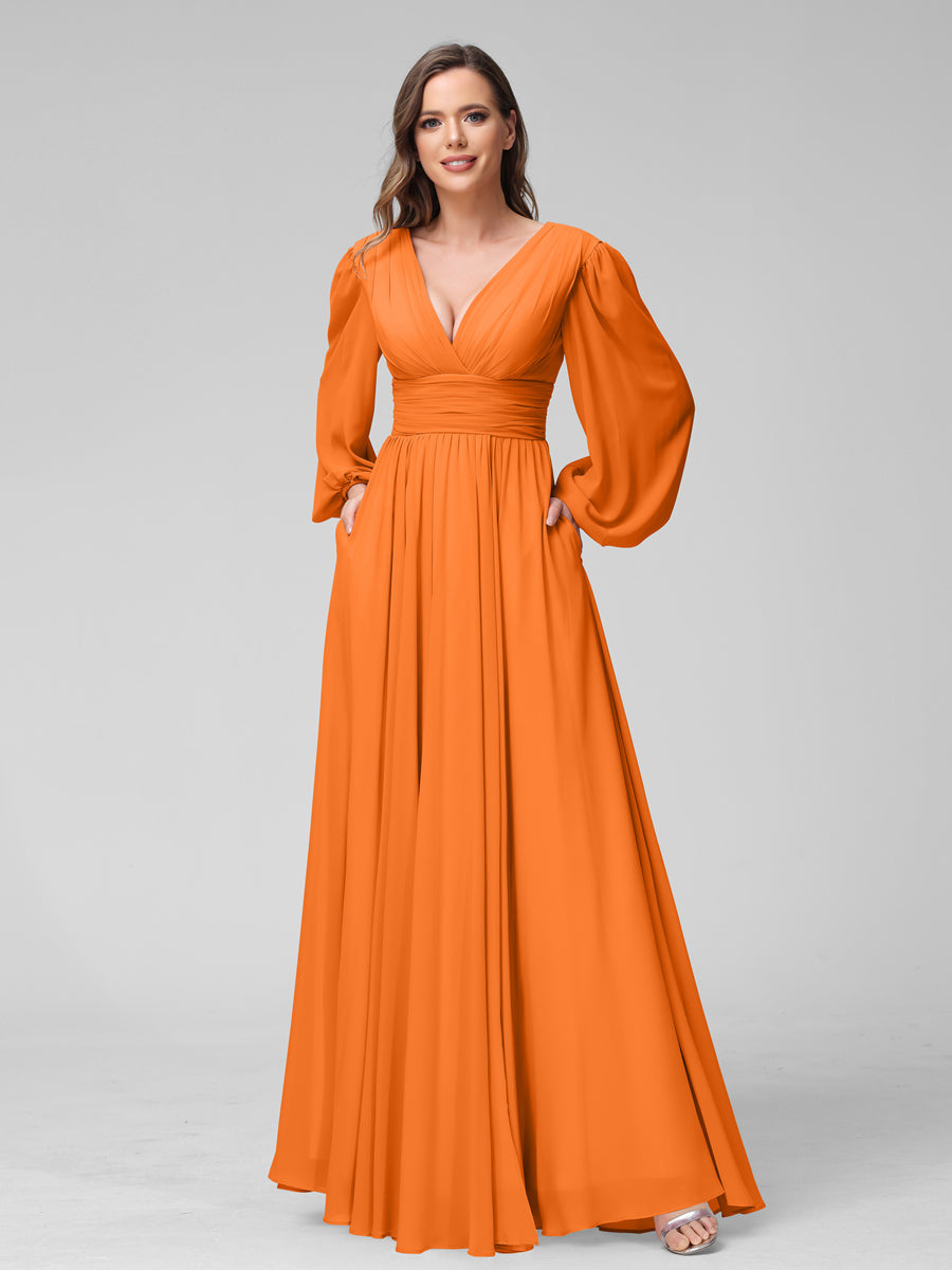 A-Line V-Neck Long Sleeves Long Chiffon Bridesmaid Dresses With Split Side Pockets Orange