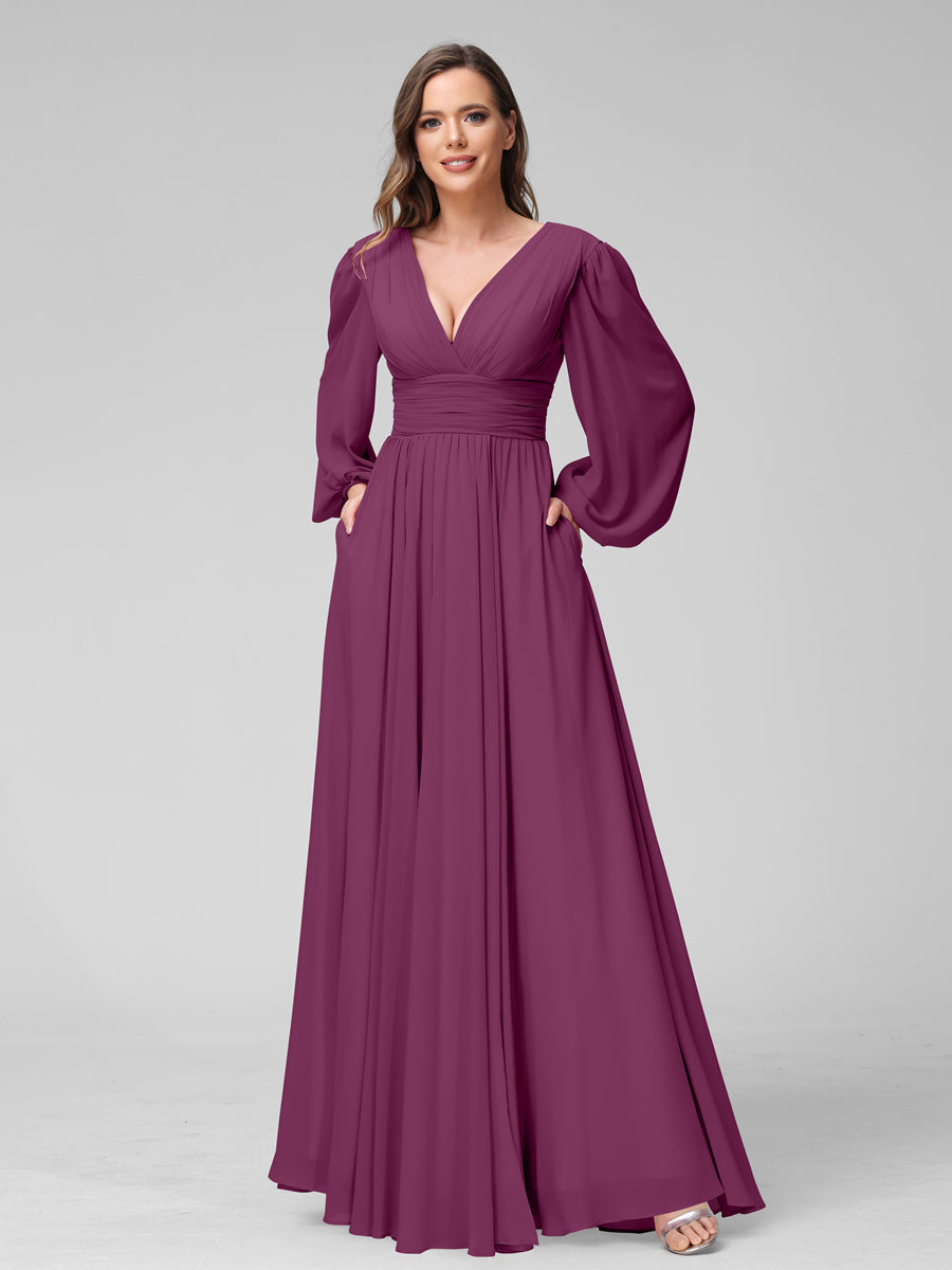A-Line V-Neck Long Sleeves Long Chiffon Bridesmaid Dresses With Split Side Pockets Orchid