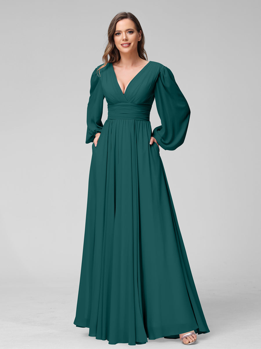 A-Line V-Neck Long Sleeves Long Chiffon Bridesmaid Dresses With Split Side Pockets Peacock