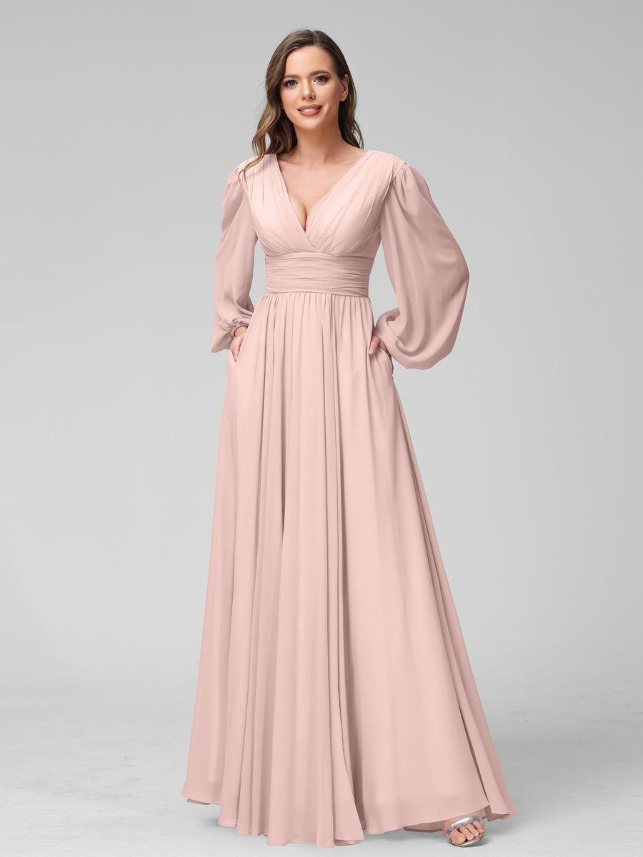 A-Line V-Neck Long Sleeves Long Chiffon Bridesmaid Dresses With Split Side Pockets Pearl Pink
