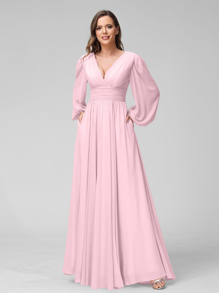 A-Line V-Neck Long Sleeves Long Chiffon Bridesmaid Dresses With Split Side Pockets Pink