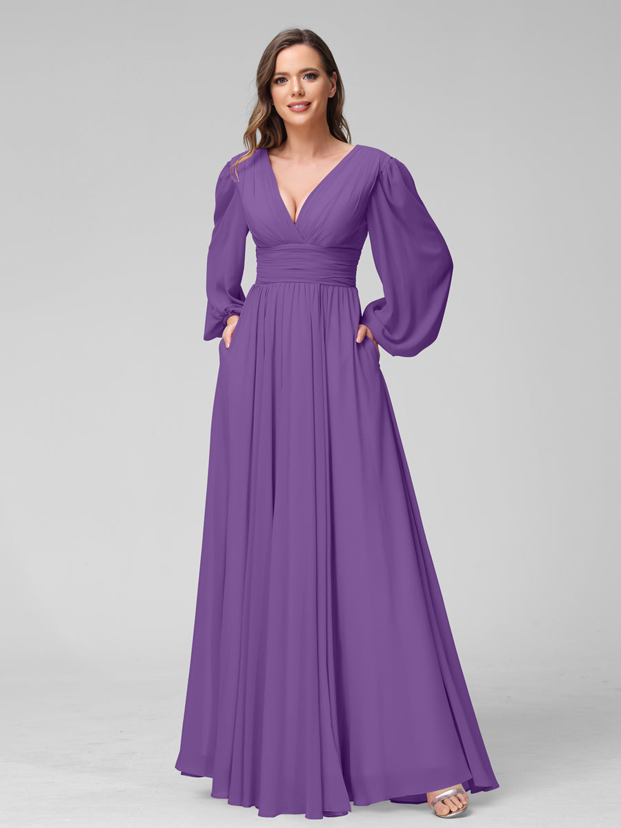 A-Line V-Neck Long Sleeves Long Chiffon Bridesmaid Dresses With Split Side Pockets Purple