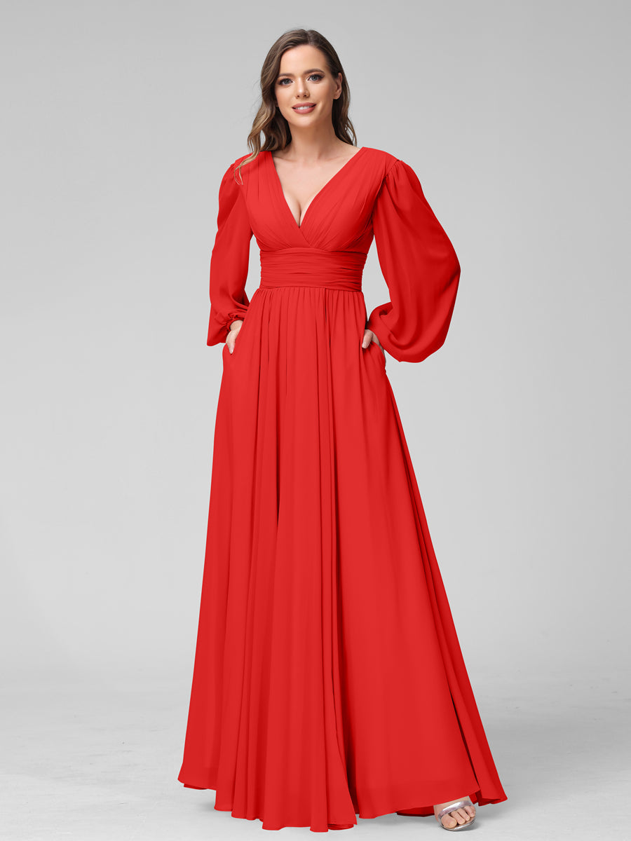 A-Line V-Neck Long Sleeves Long Chiffon Bridesmaid Dresses With Split Side Pockets Red