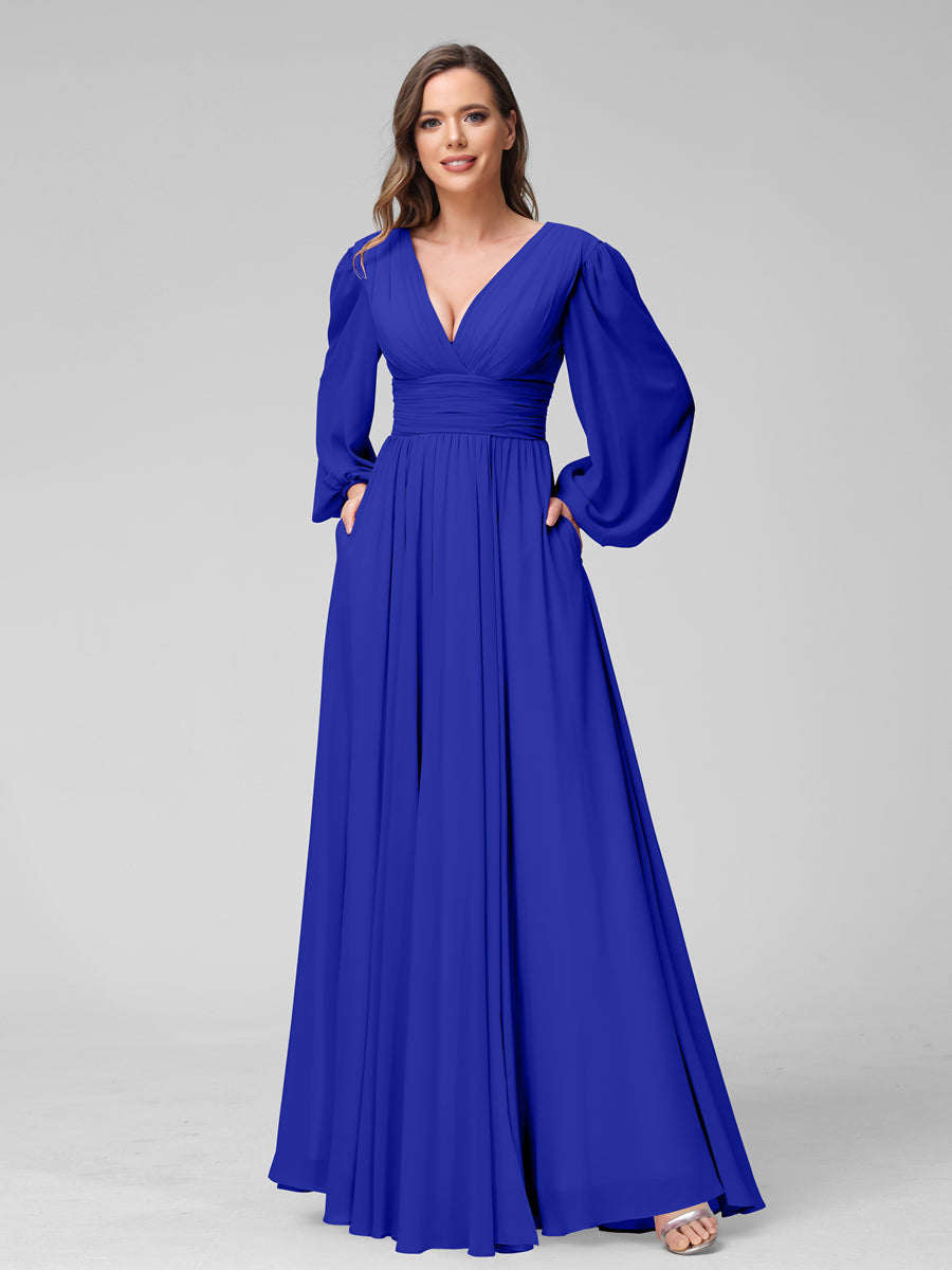 A-Line V-Neck Long Sleeves Long Chiffon Bridesmaid Dresses With Split Side Pockets Royal Blue