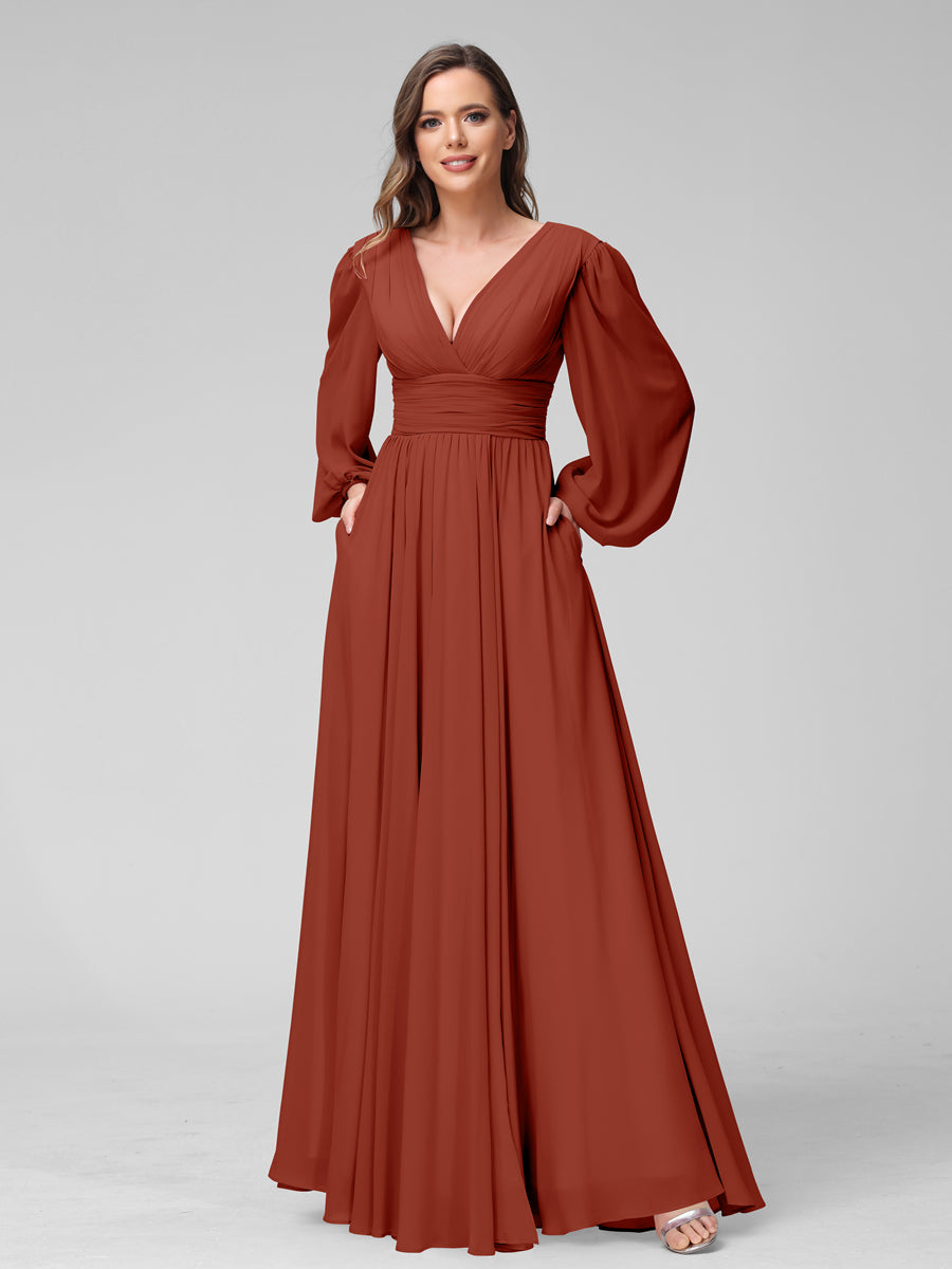 A-Line V-Neck Long Sleeves Long Chiffon Bridesmaid Dresses With Split Side Pockets Rust