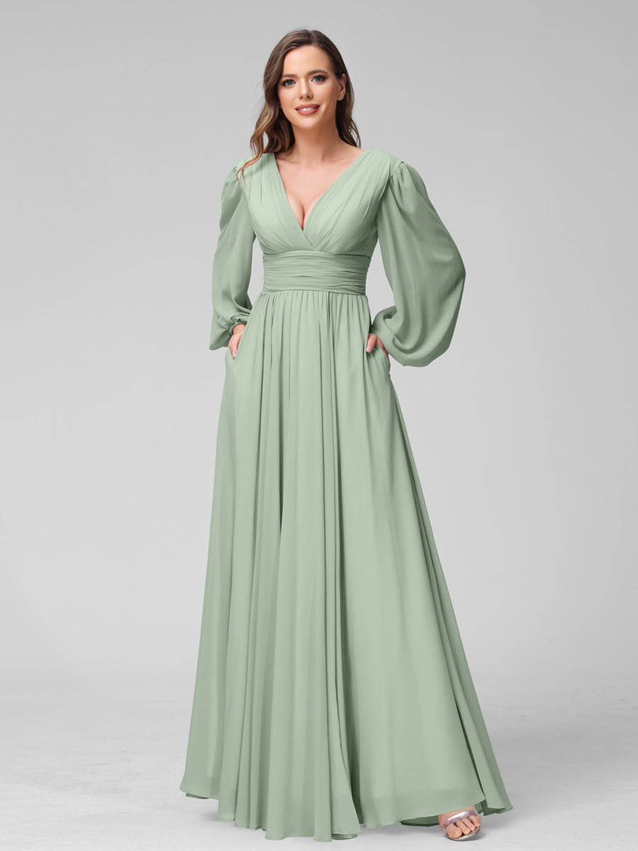 A-Line V-Neck Long Sleeves Long Chiffon Bridesmaid Dresses With Split Side Pockets Sage
