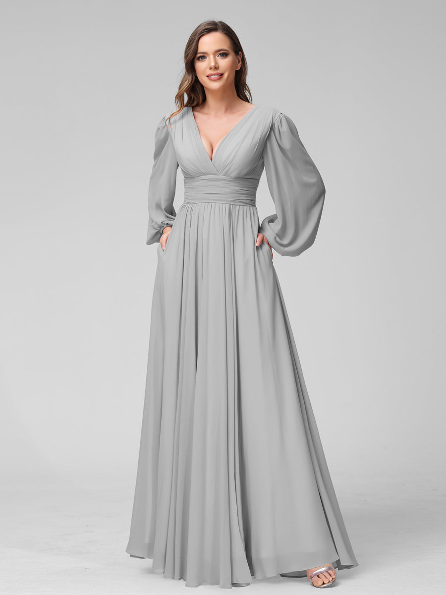 A-Line V-Neck Long Sleeves Long Chiffon Bridesmaid Dresses With Split Side Pockets Silver