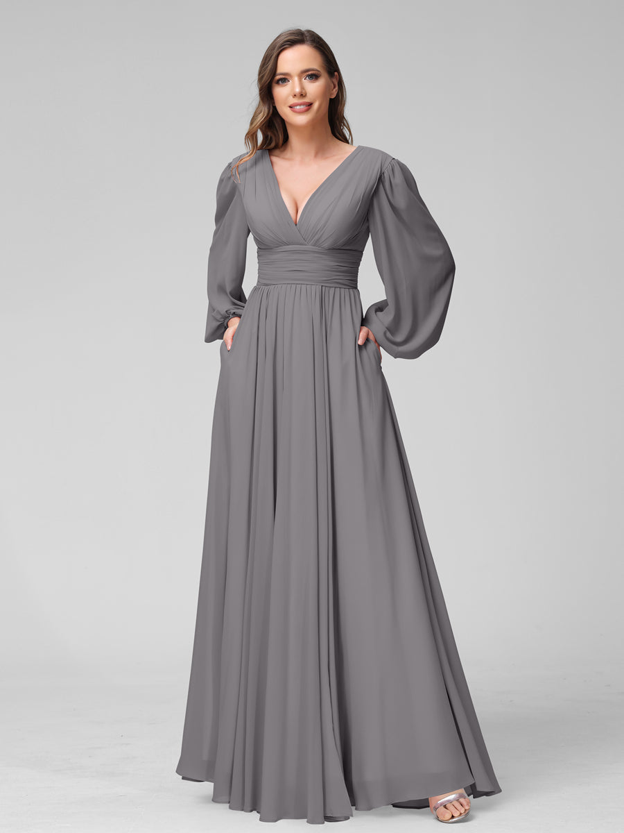 A-Line V-Neck Long Sleeves Long Chiffon Bridesmaid Dresses With Split Side Pockets Silver Gray