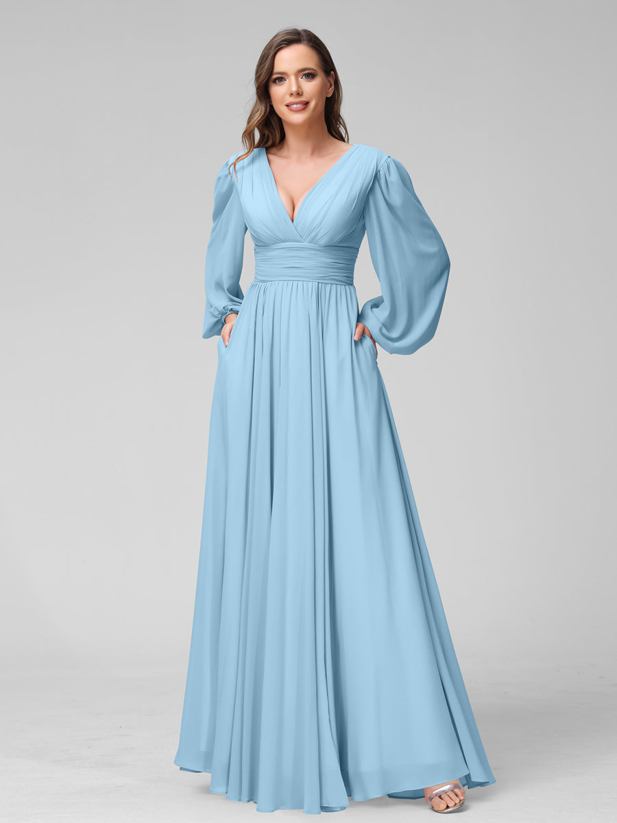 A-Line V-Neck Long Sleeves Long Chiffon Bridesmaid Dresses With Split Side Pockets Sky Blue