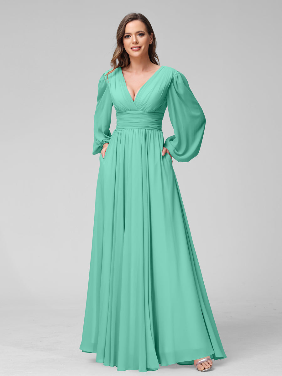 A-Line V-Neck Long Sleeves Long Chiffon Bridesmaid Dresses With Split Side Pockets Spa