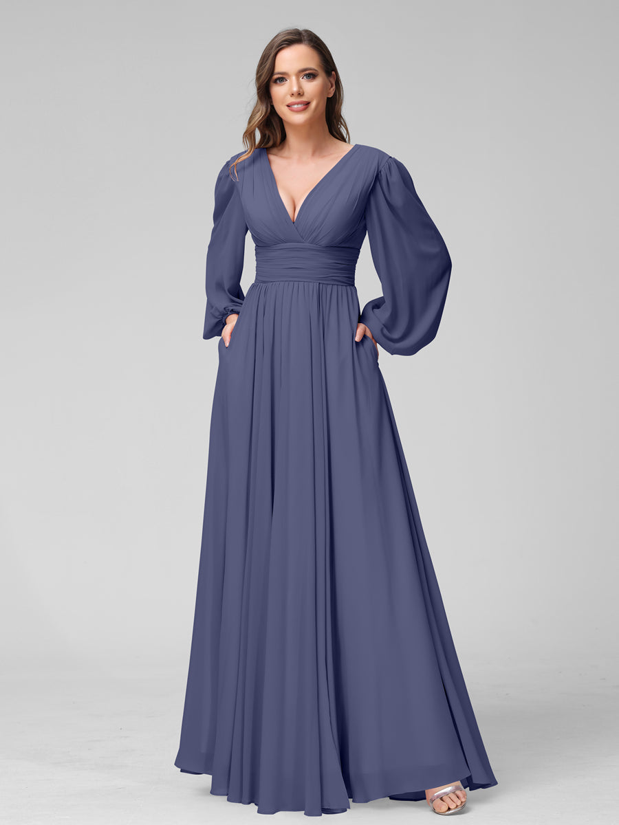 A-Line V-Neck Long Sleeves Long Chiffon Bridesmaid Dresses With Split Side Pockets Stormy Blue