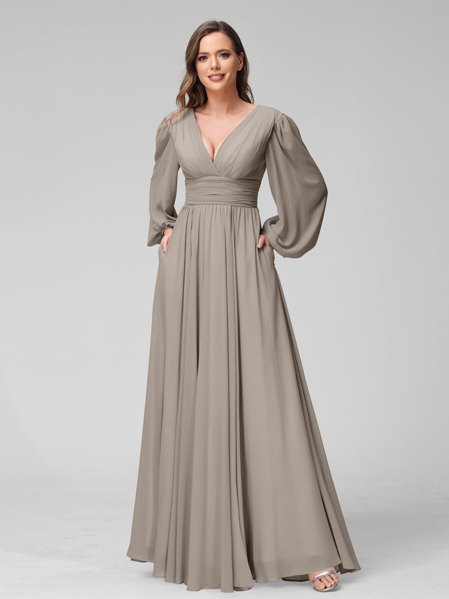 A-Line V-Neck Long Sleeves Long Chiffon Bridesmaid Dresses With Split Side Pockets Taupe
