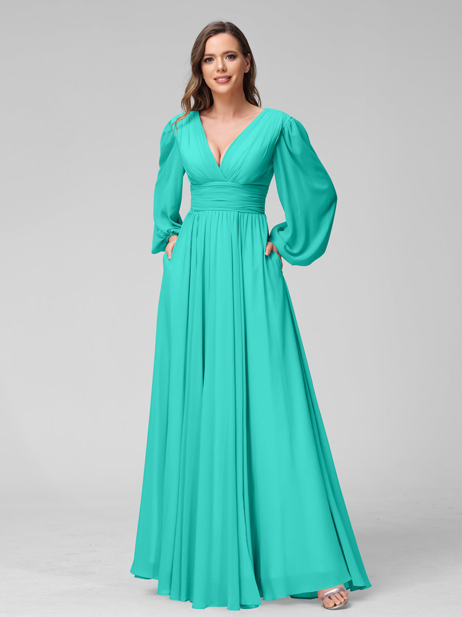 A-Line V-Neck Long Sleeves Long Chiffon Bridesmaid Dresses With Split Side Pockets Turquoise