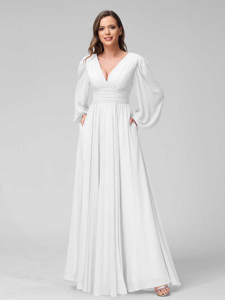 A-Line V-Neck Long Sleeves Long Chiffon Bridesmaid Dresses With Split Side Pockets White