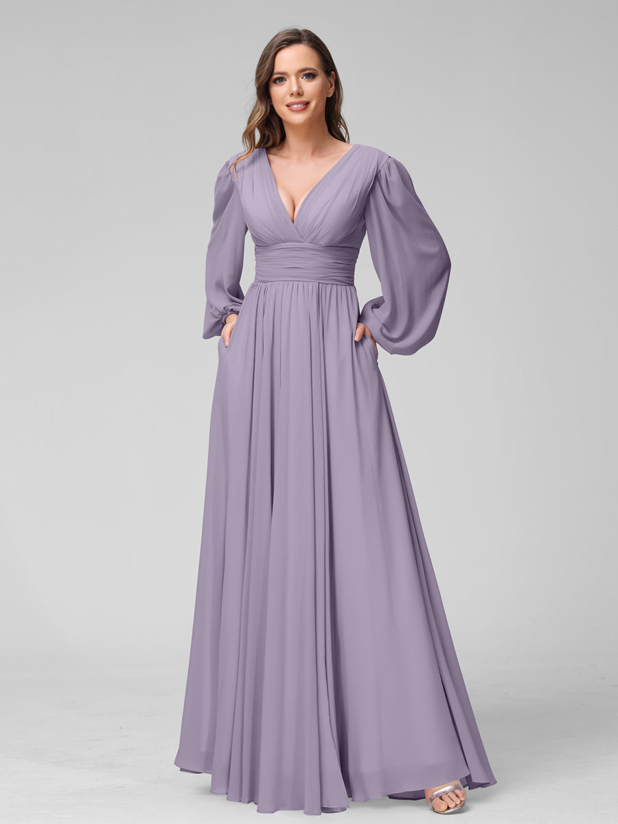 A-Line V-Neck Long Sleeves Long Chiffon Bridesmaid Dresses With Split Side Pockets Wisteria
