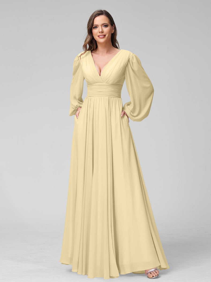 A-Line V-Neck Long Sleeves Long Chiffon Bridesmaid Dresses With Split Side Pockets Yellow