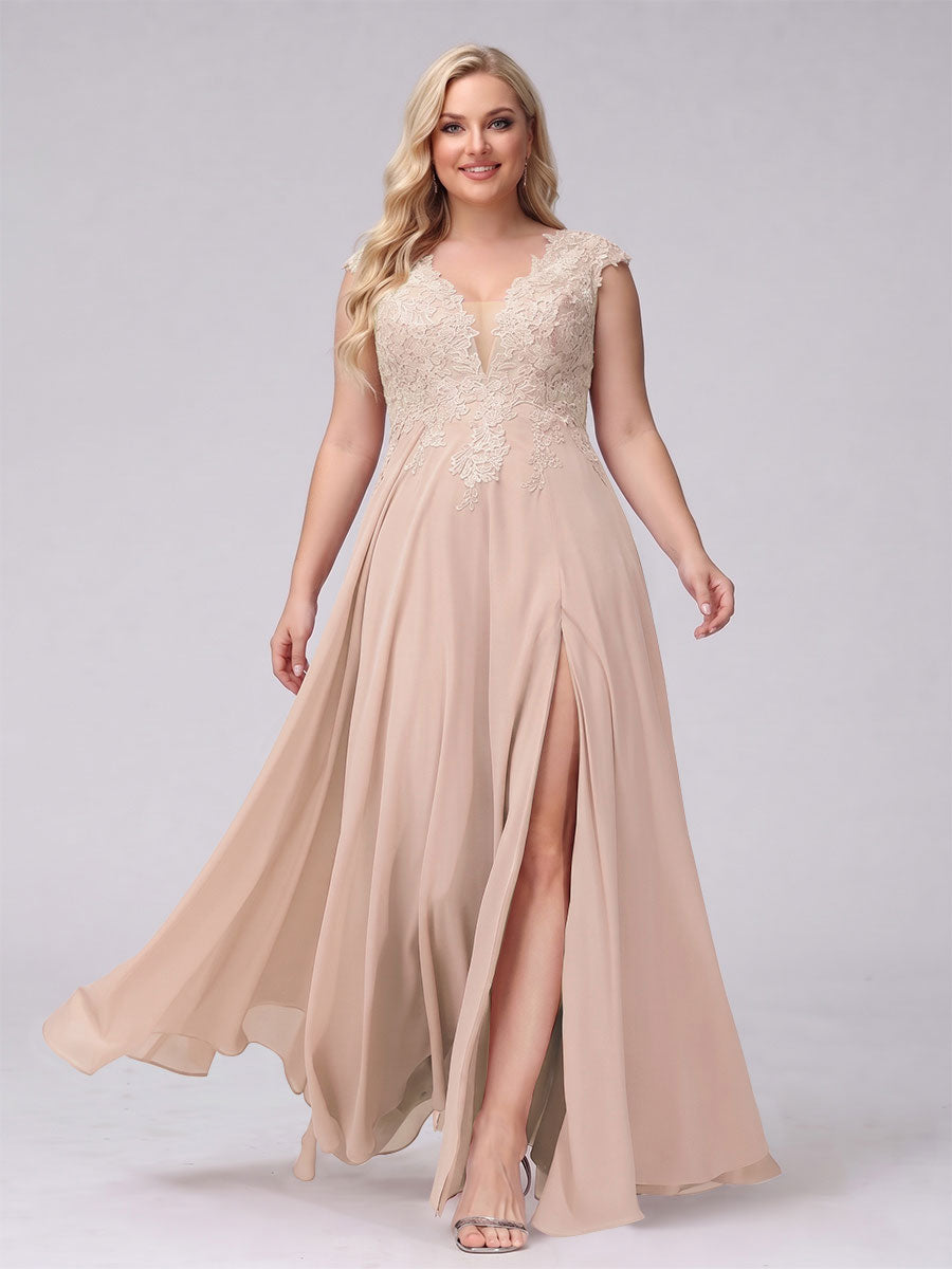 A-Line V-Neck Sleeveless Chiffon Long Plus Size Bridesmaid Dresses With Applique Split Side Blush Pink