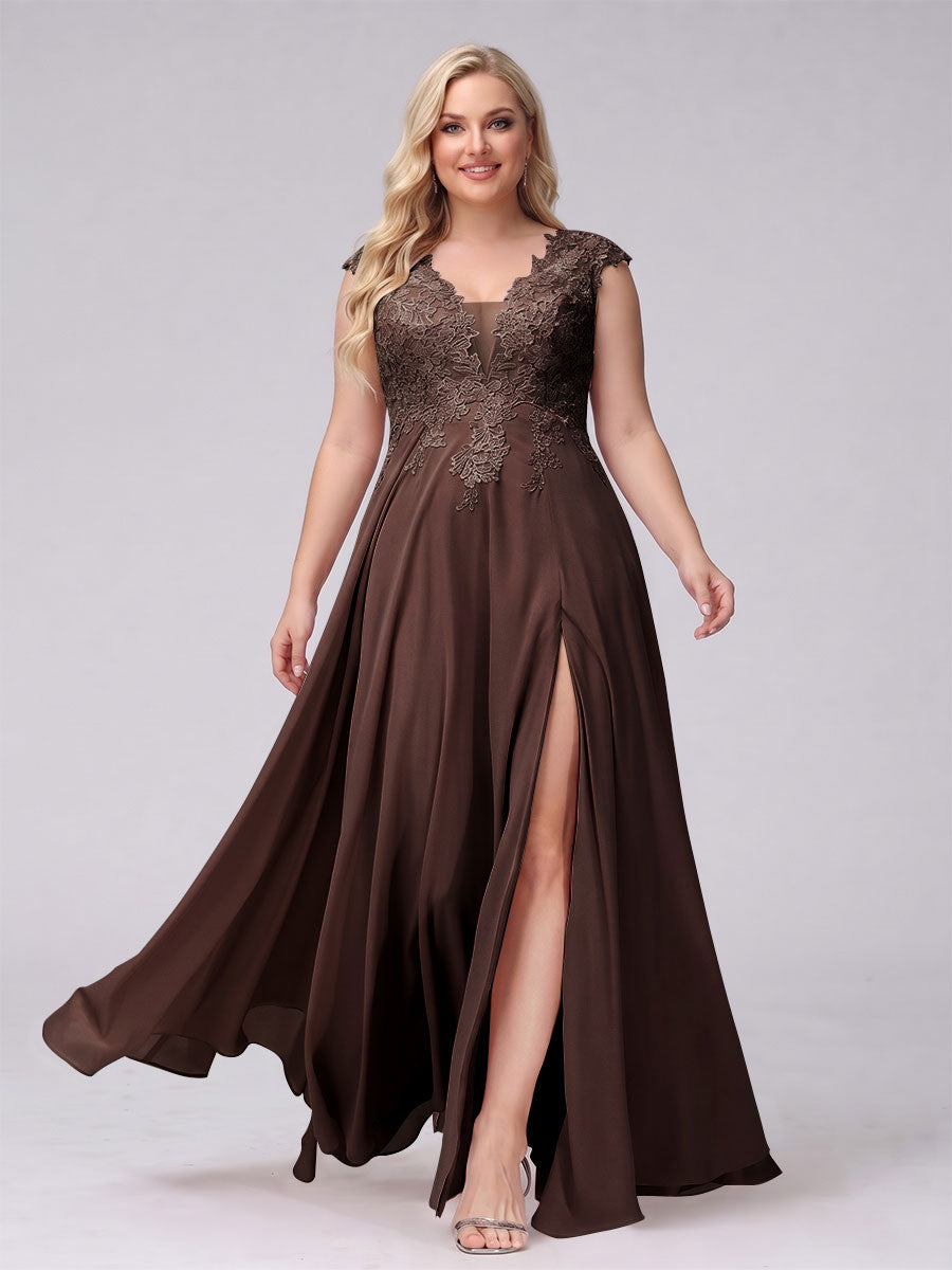 A-Line V-Neck Sleeveless Chiffon Long Plus Size Bridesmaid Dresses With Applique Split Side Brown