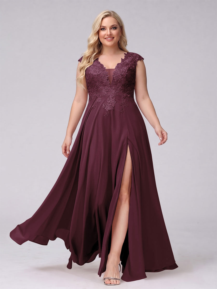 A-Line V-Neck Sleeveless Chiffon Long Plus Size Bridesmaid Dresses With Applique Split Side Burgundy