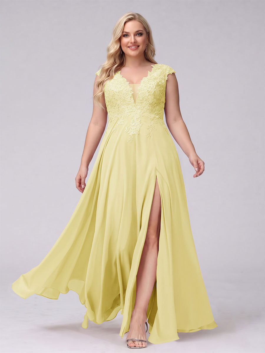 A-Line V-Neck Sleeveless Chiffon Long Plus Size Bridesmaid Dresses With Applique Split Side Canary