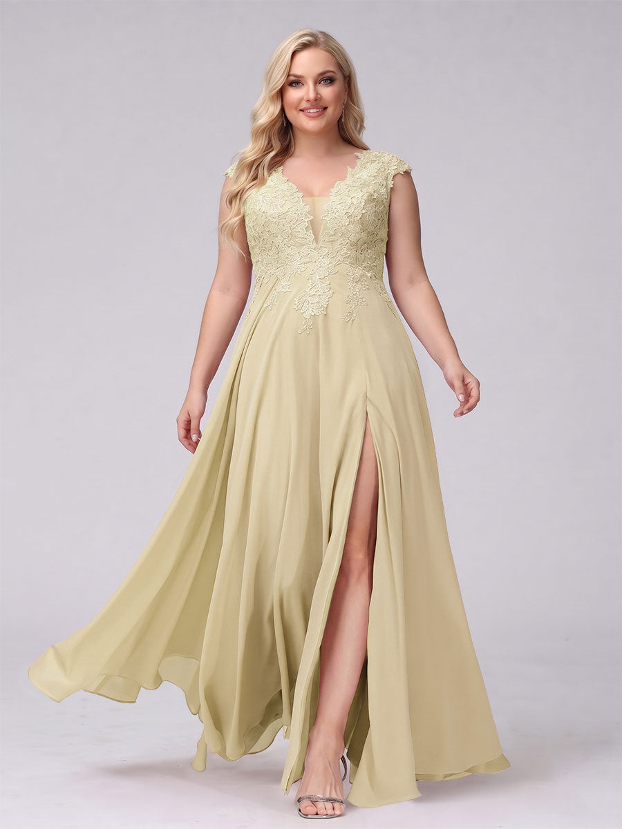 A-Line V-Neck Sleeveless Chiffon Long Plus Size Bridesmaid Dresses With Applique Split Side Champagne