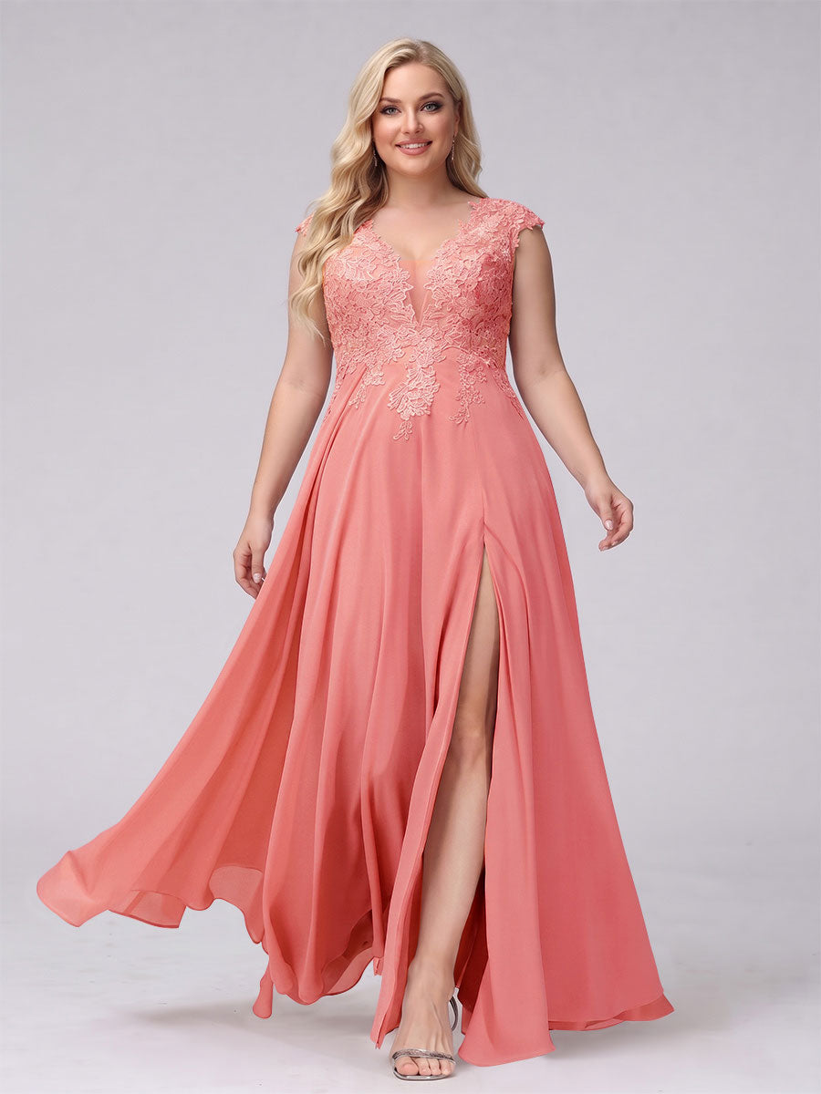 A-Line V-Neck Sleeveless Chiffon Long Plus Size Bridesmaid Dresses With Applique Split Side Coral
