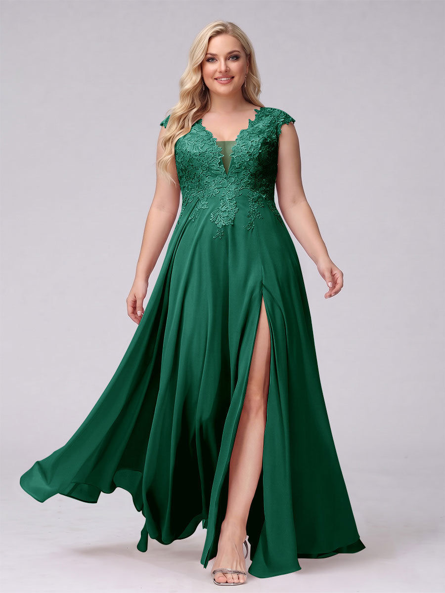 A-Line V-Neck Sleeveless Chiffon Long Plus Size Bridesmaid Dresses With Applique Split Side Dark Green