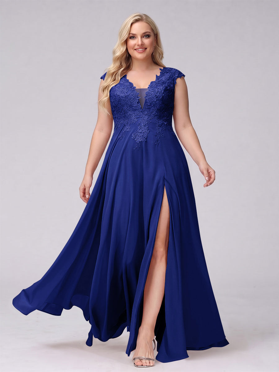 A-Line V-Neck Sleeveless Chiffon Long Plus Size Bridesmaid Dresses With Applique Split Side Dark Royal Blue