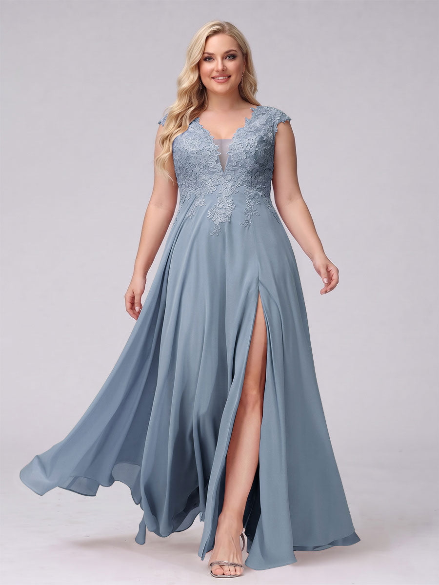 A-Line V-Neck Sleeveless Chiffon Long Plus Size Bridesmaid Dresses With Applique Split Side Dusty Blue