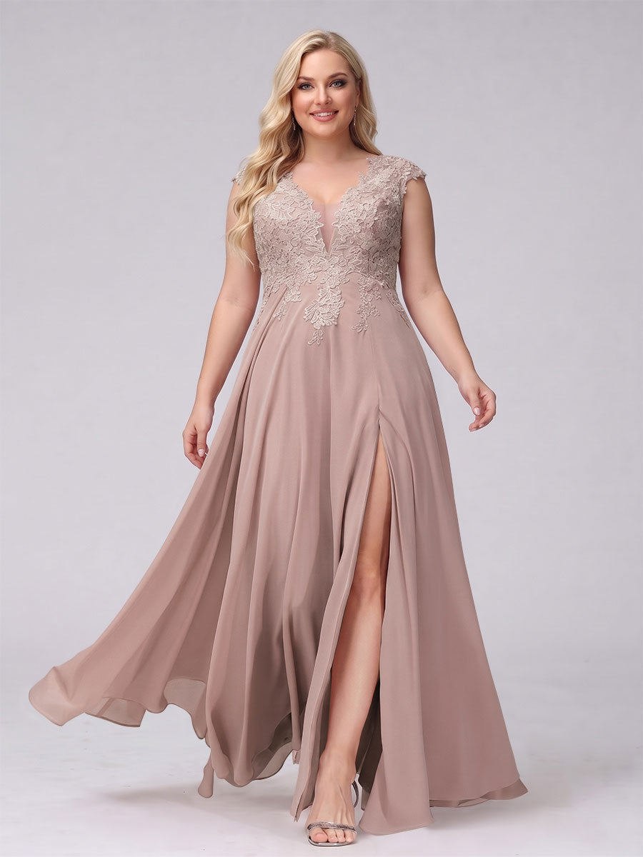 A-Line V-Neck Sleeveless Chiffon Long Plus Size Bridesmaid Dresses With Applique Split Side Dusty Pink