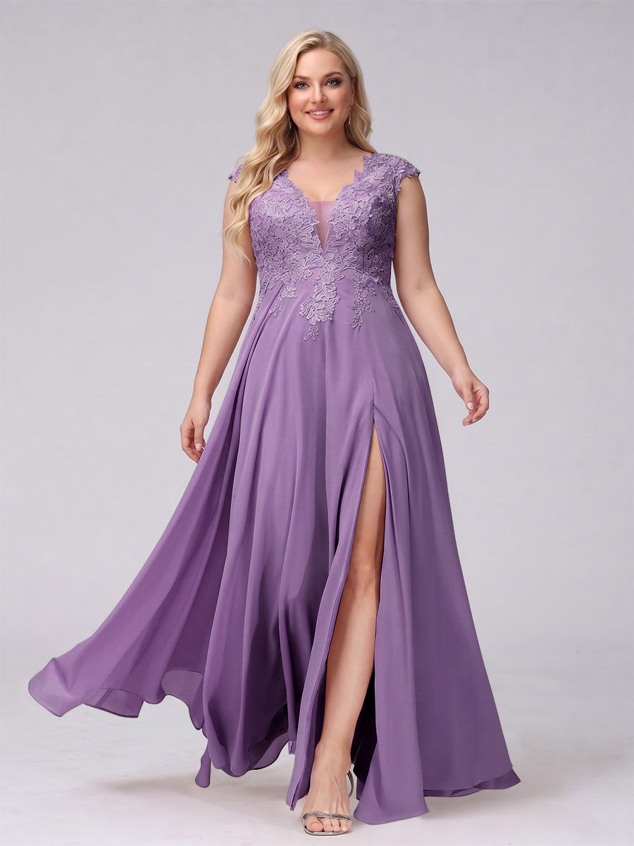 A-Line V-Neck Sleeveless Chiffon Long Plus Size Bridesmaid Dresses With Applique Split Side Dusty Purple