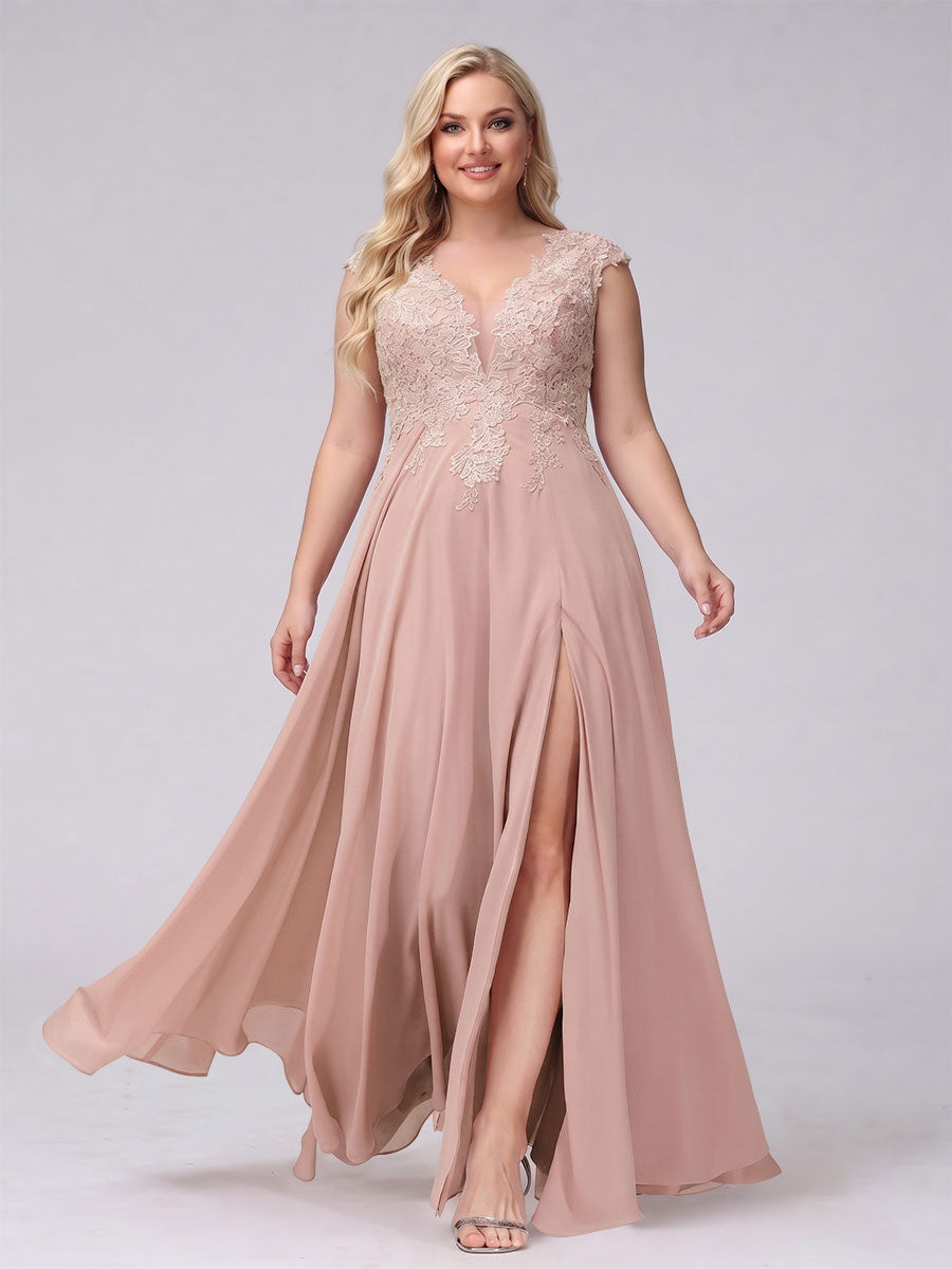 A-Line V-Neck Sleeveless Chiffon Long Plus Size Bridesmaid Dresses With Applique Split Side Dusty Rose