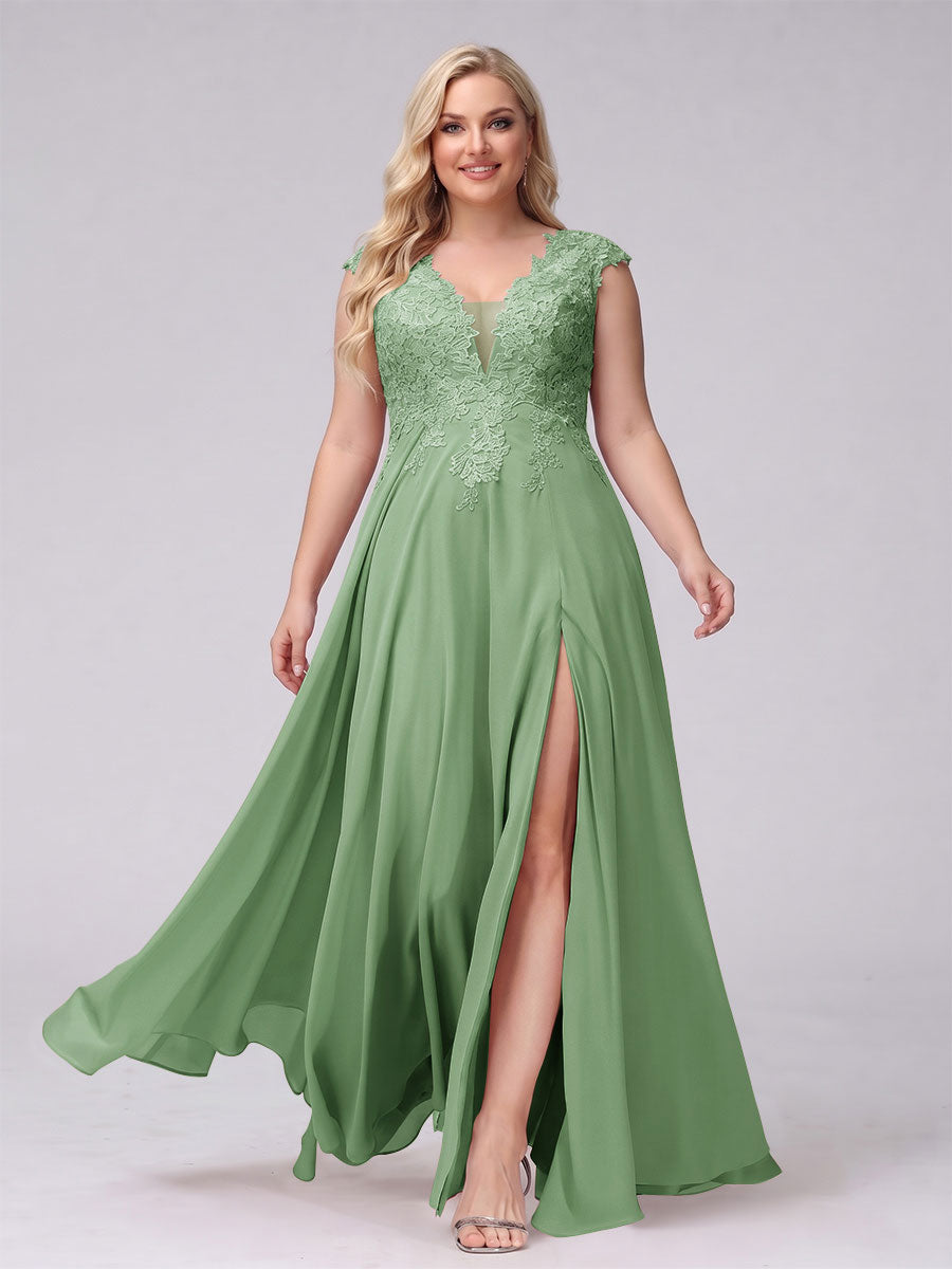 A-Line V-Neck Sleeveless Chiffon Long Plus Size Bridesmaid Dresses With Applique Split Side Dusty Sage
