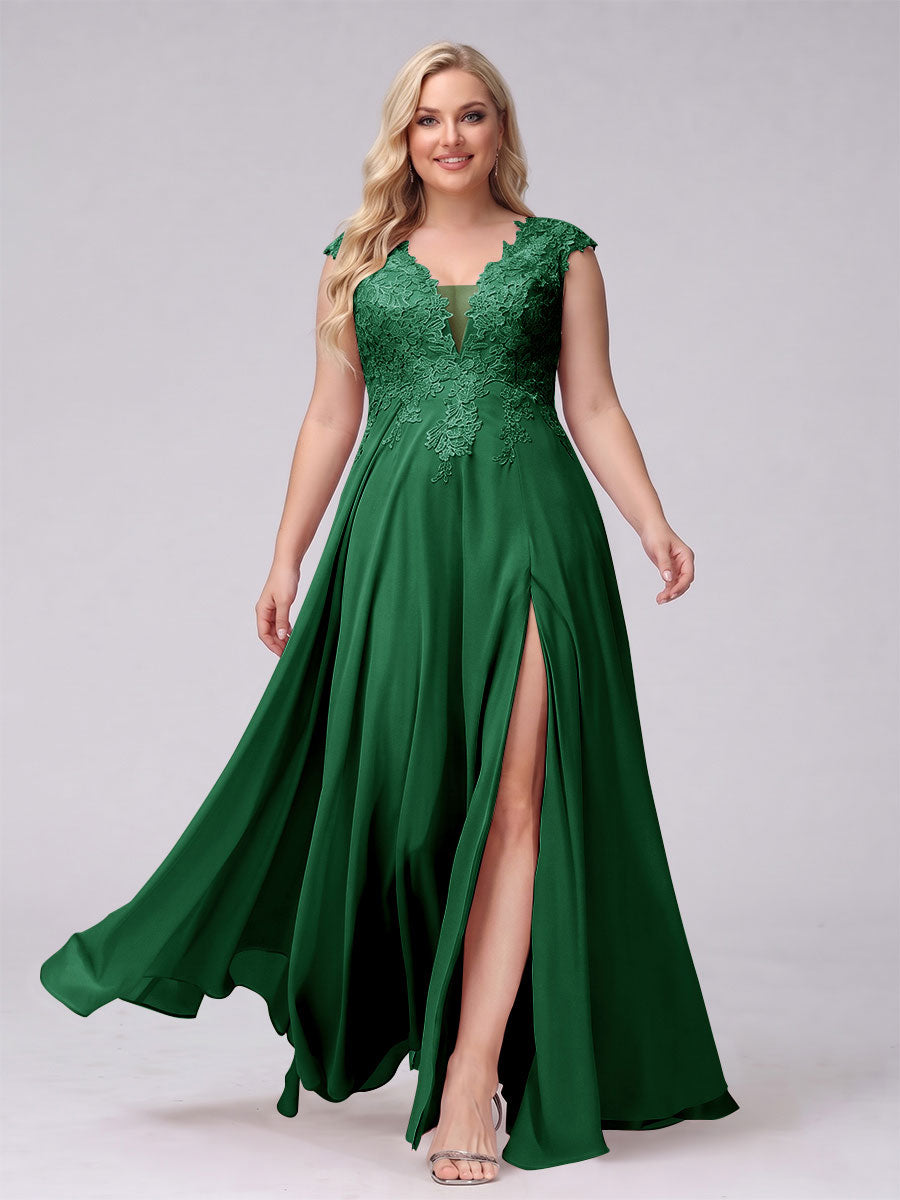 A-Line V-Neck Sleeveless Chiffon Long Plus Size Bridesmaid Dresses With Applique Split Side Emerald