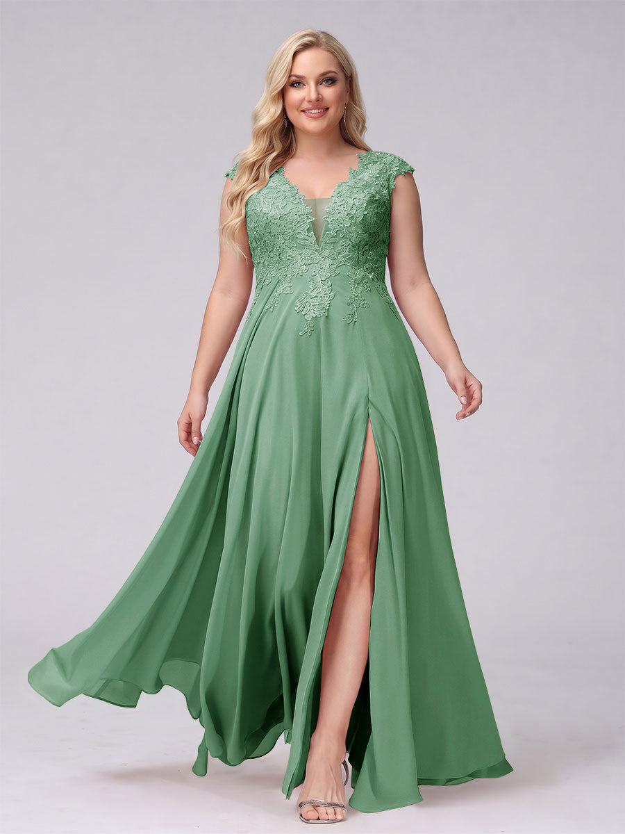 A-Line V-Neck Sleeveless Chiffon Long Plus Size Bridesmaid Dresses With Applique Split Side Eucalyptus