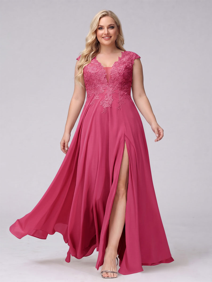A-Line V-Neck Sleeveless Chiffon Long Plus Size Bridesmaid Dresses With Applique Split Side Fuchsia