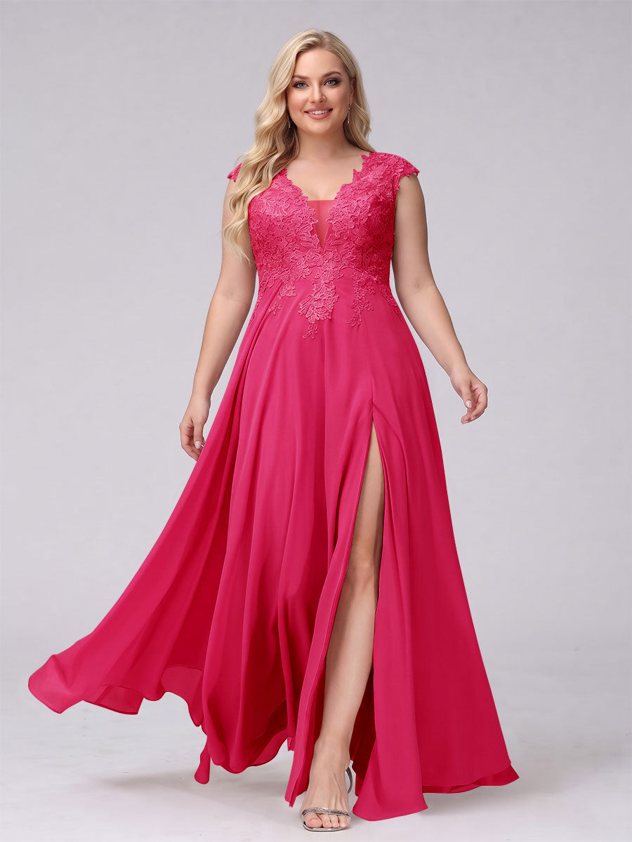 A-Line V-Neck Sleeveless Chiffon Long Plus Size Bridesmaid Dresses With Applique Split Side Fuchsia Pink
