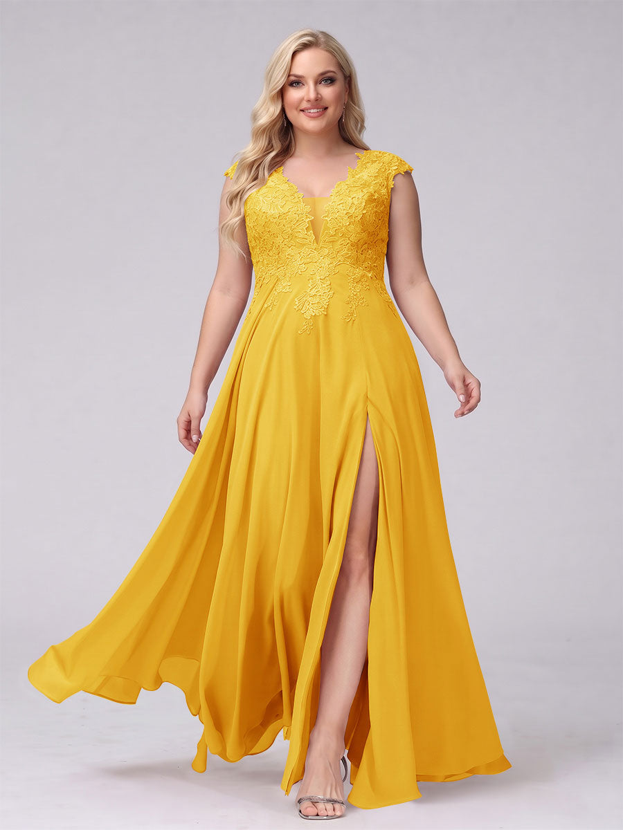 A-Line V-Neck Sleeveless Chiffon Long Plus Size Bridesmaid Dresses With Applique Split Side Gold