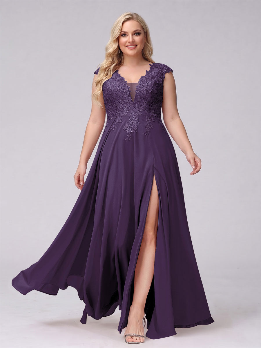A-Line V-Neck Sleeveless Chiffon Long Plus Size Bridesmaid Dresses With Applique Split Side Grape